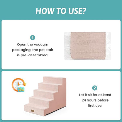 COZY KISS Dog Stairs for Small Dogs 5-Step, 19.7" Extra Wide Right-Angle Pet Stairs for Couch and Beds, Anti-Slip Dog Steps for Old Cats and Lowrider, 19.7x29.5x23.6 inch, Pink