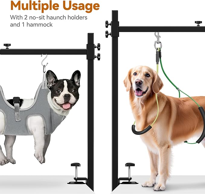 Dog Grooming Arm for Table, S Size, Adjustable 42" Height & 35"–44" Width, H-Shape Stable Grooming Stand, Clamp Fits up to 2.76", with Hammock & 2 Nooses for Home Grooming & Nail Trimming
