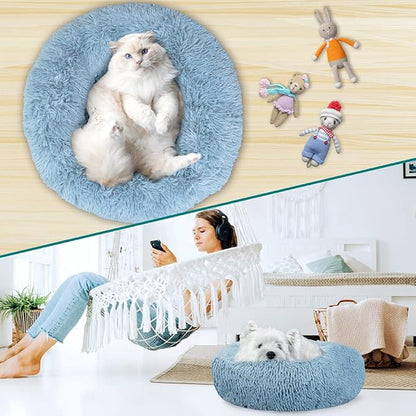 PetAmi Calming Dog Bed for Small & Medium Dogs and Cats, 30” Round Donut Dog Bed, Washable Fluffy Faux Fur Puppy & Cat Bed, Anti-Anxiety Plush Cuddler Pet Bed with Anti-Slip Bottom - Blue