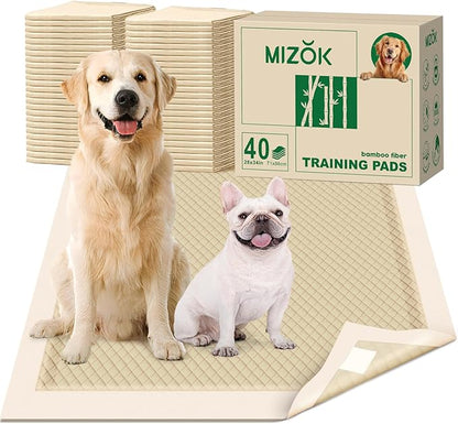 MIZOK Dog Pee Pads Extra Large 28×34in Bamboo Puppy Pads Odor Eliminating Pee Pads for Dogs Super Absorbent Leak-Proof Training Pads with Adhesive Tabs, Disposable (40 Counts)