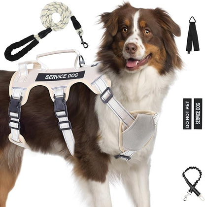 Escape Proof Dog Harness for Large Medium Sized Dogs Six Point Adjustable, Service Dog Vest Harness and Leash Set, No Pull Dogs Harnesses with Handle, XL Dog Harnesses for Walking(Beige, XL)