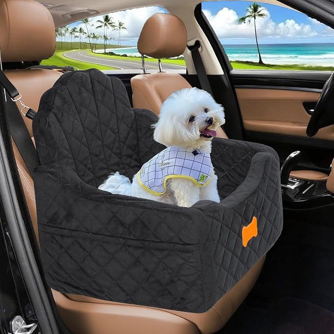 koneboss Dog Car Seat for Small Dogs Under 30lbs, Detachable Washable Pet Booster Seat with Safety Belt & Storage Pockets, Travel Car Bed, Black