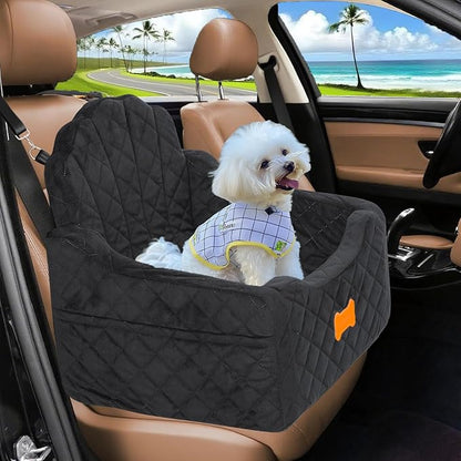 koneboss Dog Car Seat for Small Dogs Under 30lbs, Detachable Washable Pet Booster Seat with Safety Belt & Storage Pockets, Travel Car Bed, Black