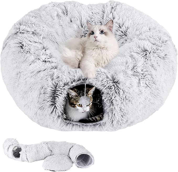 Cat Tunnel with Cat Bed for Indoor Cats, Under Christmas Tree Soft Plush Peekaboo Cat Cave Donut Tunnel, Multifunctional Playground Toys Hideplace for Kittens, Rabbit, Ferret