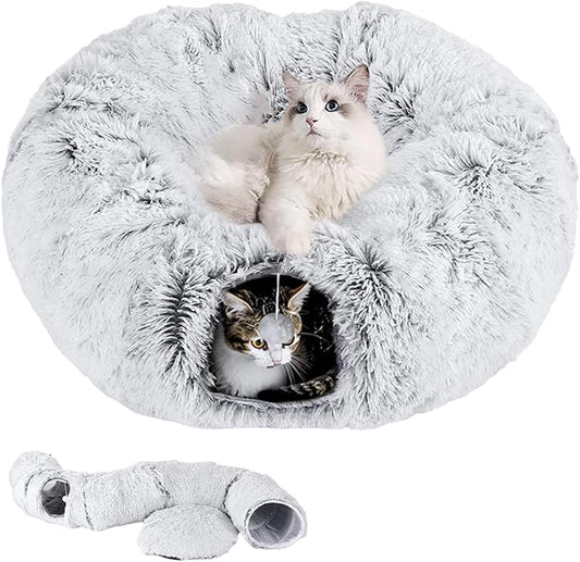 Cat Tunnel with Cat Bed for Indoor Cats, Under Christmas Tree Soft Plush Peekaboo Cat Cave Donut Tunnel, Multifunctional Playground Toys Hideplace for Kittens, Rabbit, Ferret