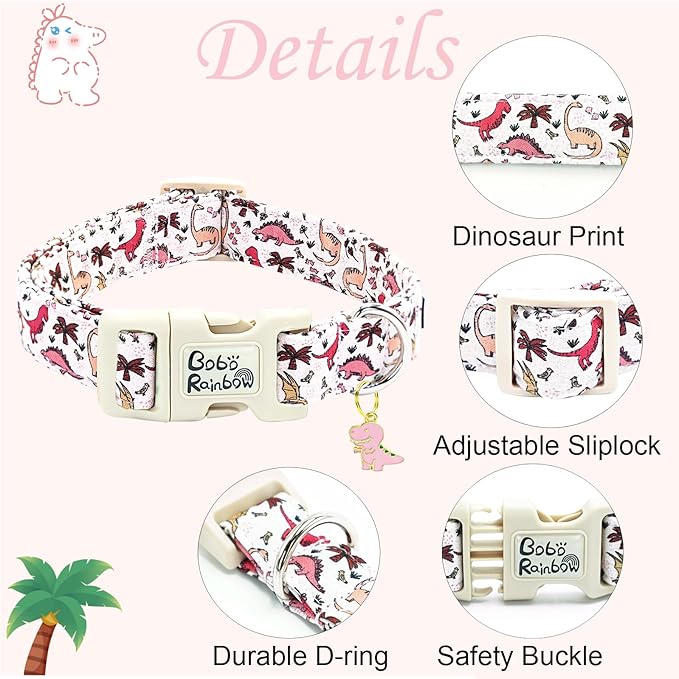 Dog Collar-Pink Dinosaur Print Adjustable Pet Collars Cute Soft Comfortable Cotton Puppy Collar Durable Gift for Medium Dogs