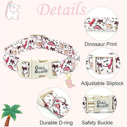Dog Collar-Pink Dinosaur Print Adjustable Pet Collars Cute Soft Comfortable Cotton Puppy Collar Durable Gift for Medium Dogs