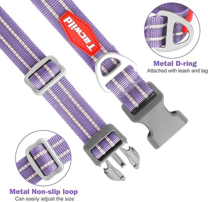 Tacwild Adjustable Reflective Dog Collar, Puppy Collar with D-Ring Buckle - Durable Safety Nylon Dog Collars for Medium Dogs (Purple-M)