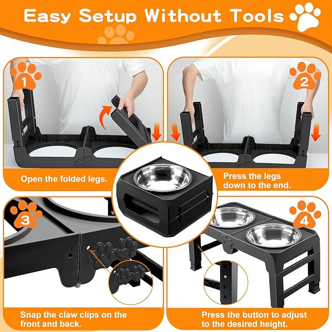 Elevated Dog Bowls for Large Dogs 5 Adjustable Heights 7.5"-15.4", 2 X-Large 10” Stainless Steel Bowls, Heavy Duty Raised Dog Bowl Stand Foldable Pet Feeder for Dogs Shoulder Height Over 15”, Black