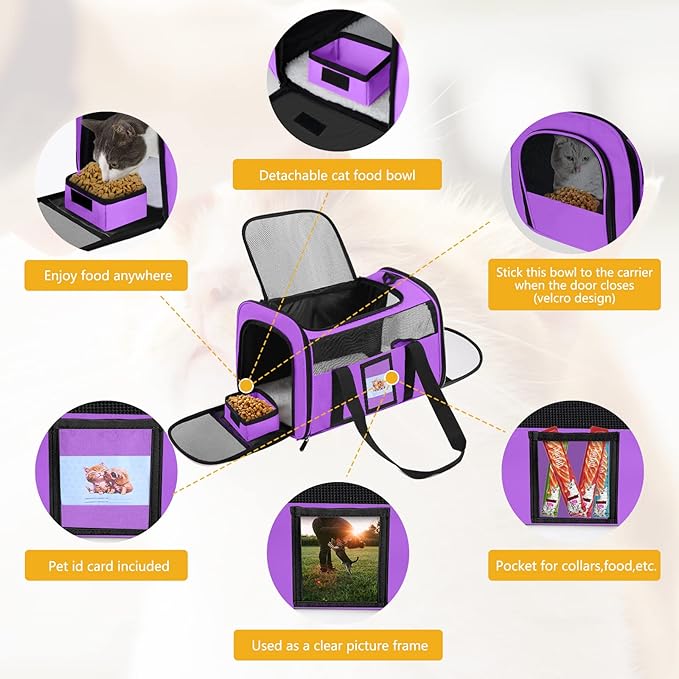 SECLATO Cat Carrier Pet Carriers Airline Approved for Small Dogs Kitten Carrier for Small Medium Animals Under 15lb, Collapsible Soft Sided Travel Carrier, Purple