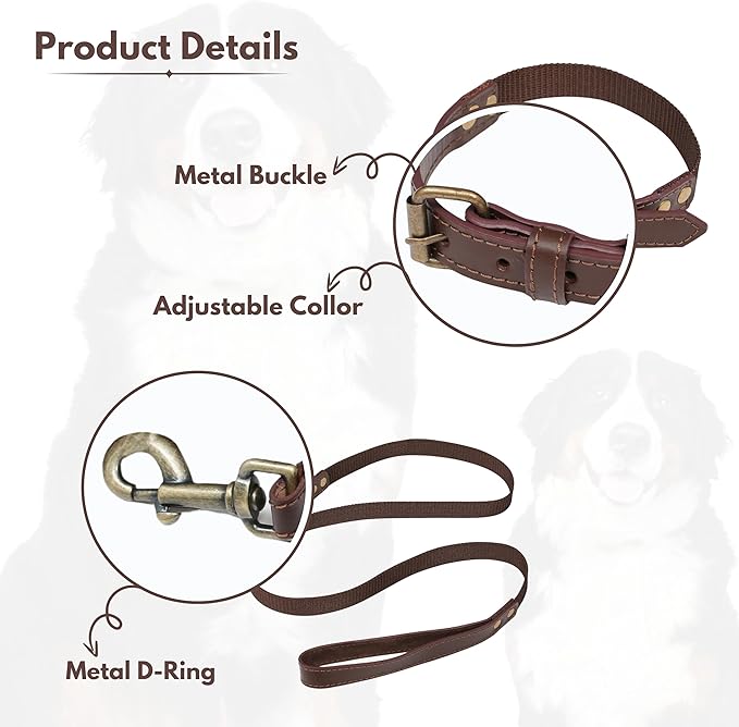Lightnpro Heavy Duty Dog Collar and Leash Set - Adjustable Leather Dog Collar with Strong Metal Buckle & Durable Lead - Training & Walking Set for Large Dogs, German Shepherd, Great Dane, St. Bernard