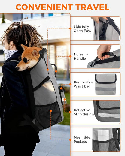 FOXFOCUS Dog Backpack Carrier for Medium Dogs - 4-Layer Protection, Under 30 lb, Waterproof, Adjustable Dog Travel Bag with Storage Pockets, Reflective Strips, Non-Slip Handle for Hiking - Grey