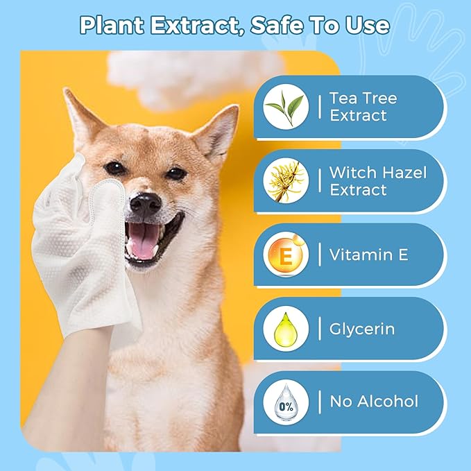 Vannon Extra Thick Pet Bathing Wipes for Dogs & Cats, Cleaning & Odor-Controlling Grooming Gloves, Nourish Fur Glove Wipes for Daily Care and Traveling, Rinse Free, Unscented, 2 Pack, 12 PCS