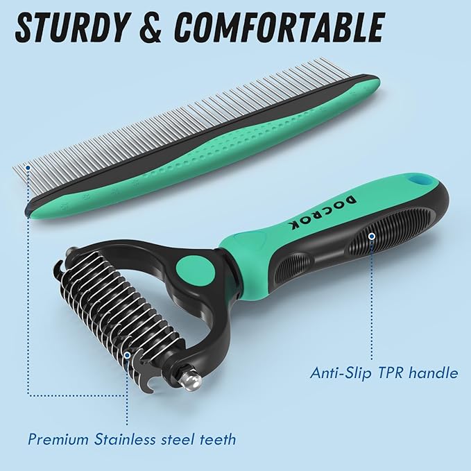Docrok Pet Grooming Brush and Metal Comb Combo, Cat Brush Dog Brush for Shedding, Undercoat Rake for Dogs Grooming, Dematting Deshedding Brush Dogs Shedding Tool for Long matted Haired Pets, Green