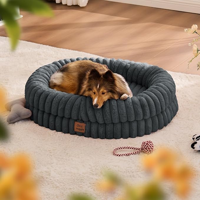 ChiXnuggle Dog Bed Medium Sized Dog - Luxury Striped Faux Fur Waterproof Pet Couch with Removable Washable Cover, Orthopedic Pet Bed with Bolster Sides for Sleeping, Dark Grey