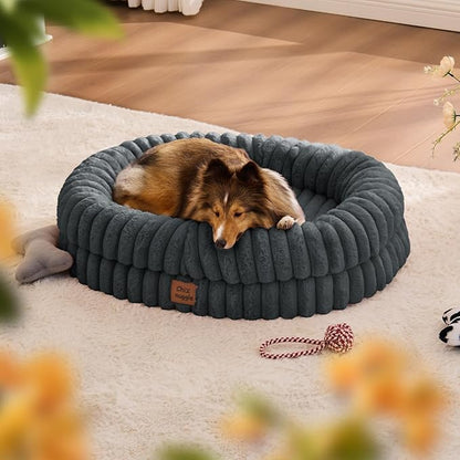 ChiXnuggle Dog Bed Medium Sized Dog - Luxury Striped Faux Fur Waterproof Pet Couch with Removable Washable Cover, Orthopedic Pet Bed with Bolster Sides for Sleeping, Dark Grey
