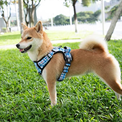 PoyPet Plaid Dog Harness, No Pull Front Clip Pet Vest Harness, Soft Padded Reflective Adjustable Walking Harness with Handle for Large Medium Small Dogs(Checkered Blue, M)