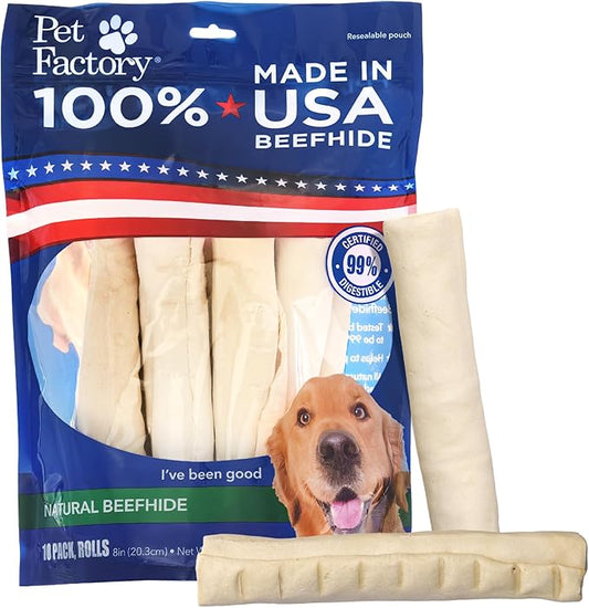 Pet Factory 100% Made in USA Beefhide 8" Rolls Dog Chew Treats - Natural Flavor, 10 Count/1 Pack