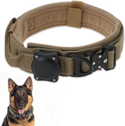 Dog Collar, Waterproof Tactical Dog Collar with Control Handle and Zinc Alloy Buckle, Pte Collar for AirTag, Medium Large Dogs, Large, Khaki (Includes Screwdriver Accessories)