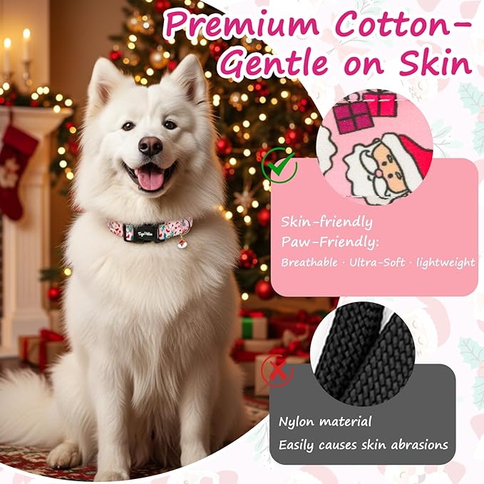 Christmas Dog Collar Large Dog Collars, Adjustable Pink Dog Collars with Jolly Santa Pattern, Cute Dog Christmas Collar for Dogs, Winter Holiday Dog Collar for Girl Boy Dogs-L