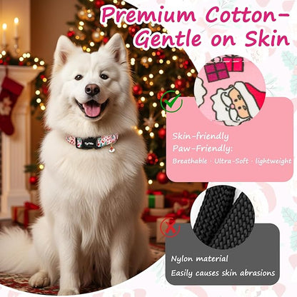 Christmas Dog Collar Medium Dog Collars, Adjustable Pink Dog Collars with Santa & Gifts Pattern, Cute Dog Christmas Collar for Dogs, Winter Holiday Dog Collar for Girl Boy Dogs-M