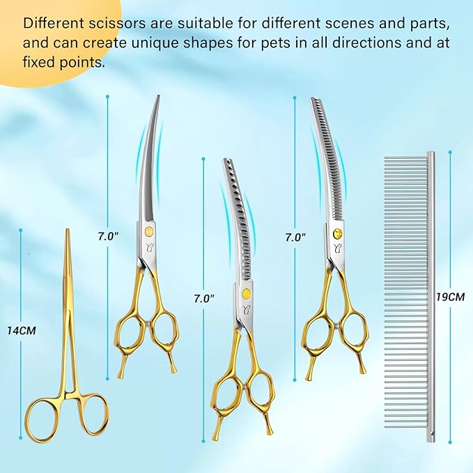 Dog Grooming Scissors,Curved Thinning Shears Curved Chunkers Shears with Safety Round Tips, Sharp and Comfortable 4 in 1 Dog Scissors for Grooming