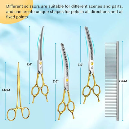 Dog Grooming Scissors,Curved Thinning Shears Curved Chunkers Shears with Safety Round Tips, Sharp and Comfortable 4 in 1 Dog Scissors for Grooming