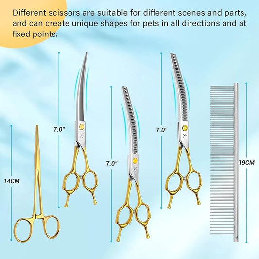 Dog Grooming Scissors,Curved Thinning Shears Curved Chunkers Shears with Safety Round Tips, Sharp and Comfortable 4 in 1 Dog Scissors for Grooming