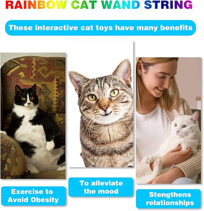 M JJYPET Cat Wand Toys Interactive Kitten Toys for Indoor Cats Colorful Teaser Wand String for Exercise Kitten Stick Kitty Rope Toy Rainbow Ribbon Cat Charmer -2Pcs