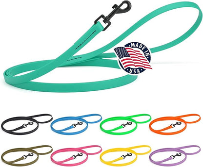 Dogline Biothane Waterproof Dog Leash Strong Coated Nylon Webbing with Black Hardware Odor-Proof Easy to Clean High Performance for Small or Large Dogs Made in USA 4 or 6 ft Lead, Teal