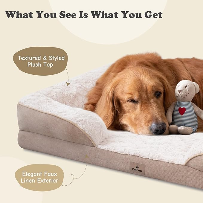 PetFun XL Orthopedic Dog Beds Large Sized Dog - Washable Large Dog Cat Bed Waterproof, Comfort Dogs Couch Sofa with Washable Removable Cover, Pet Bed with Nonskid Bottom, Beige, 48"