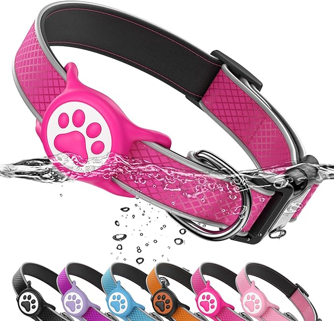 Reflective Dog Collar with Waterproof air tagholder & Anti-Lost QR Code | Ultra-Durable | Soft Padded | Safety Locking Buckle | Fit Large Dogs (Rose Red L(15.7"-23.6"))