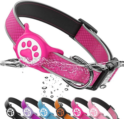 Reflective Dog Collar with Waterproof Air tagholder & Anti-Lost QR Code | Ultra-Durable | Soft Padded | Safety Locking Buckle | Fit Small Dogs (Rose Red S(9.8"-15.7"))