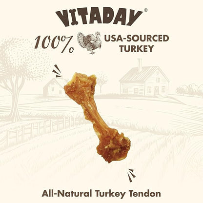 VITADAY Turkey Tendons for Dogs, All Natural, Healthy Dog Treats, Long Lasting, Hypoallergenic Dog Chews, Rawhide Free, USA-Sourced, for Small Dogs, Bone (S), 4 Count Pack