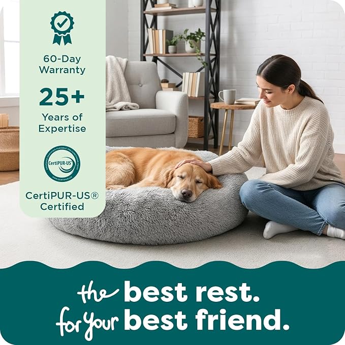 FurHaven 23" Calming Donut Dog Bed for Small Dogs & Cats, Round Plush Donut Design with Soft Filling for Snuggling Comfort, Removable Washable Cover, Small, Shaggy Faux Fur, Mist Gray