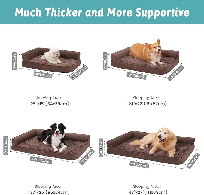 COZY KISS Orthopedic Dog Bed for Large Size Dog, XL Dogs Crate Bed, L Shaped Foam Anti-Slip Bottom Pet Cat Sofa with Washable Removable Cover, Suitable for Pet Up to 100 lbs, 42x30x7.5 inch, Brown