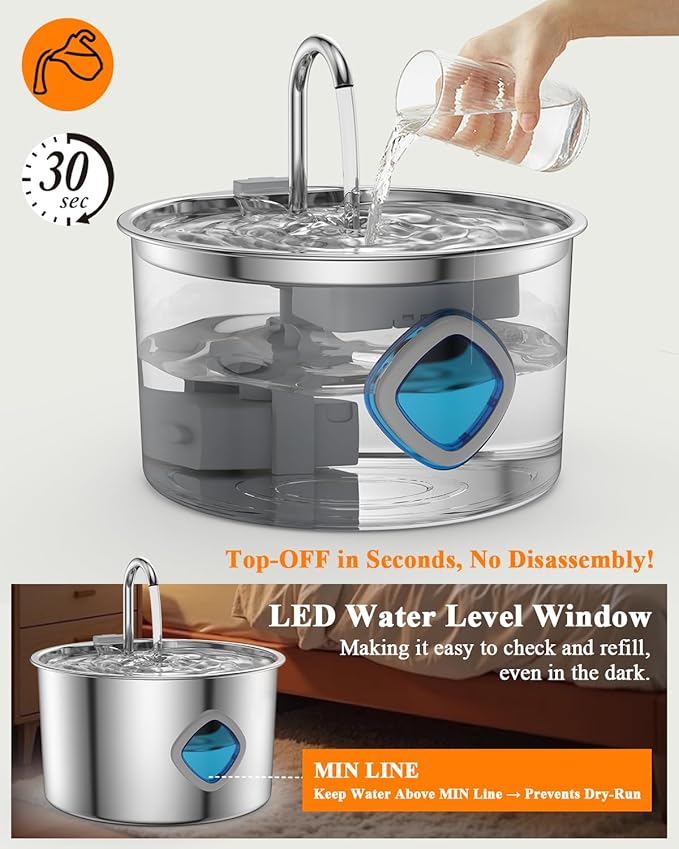 Cat Water Fountain Stainless Steel with 12 Filters Kit [3.2L/108oz] Automatic Water Dispenser with LED Water Level Window, Easy to Clean Metal Pet Drinking Fountain for Kitty to Large Cats Indoor