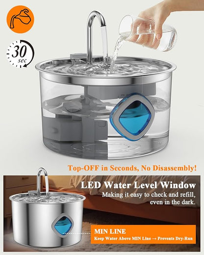 Cat Water Fountain Stainless Steel with 12 Filters Kit [3.2L/108oz] Automatic Water Dispenser with LED Water Level Window, Easy to Clean Metal Pet Drinking Fountain for Kitty to Large Cats Indoor