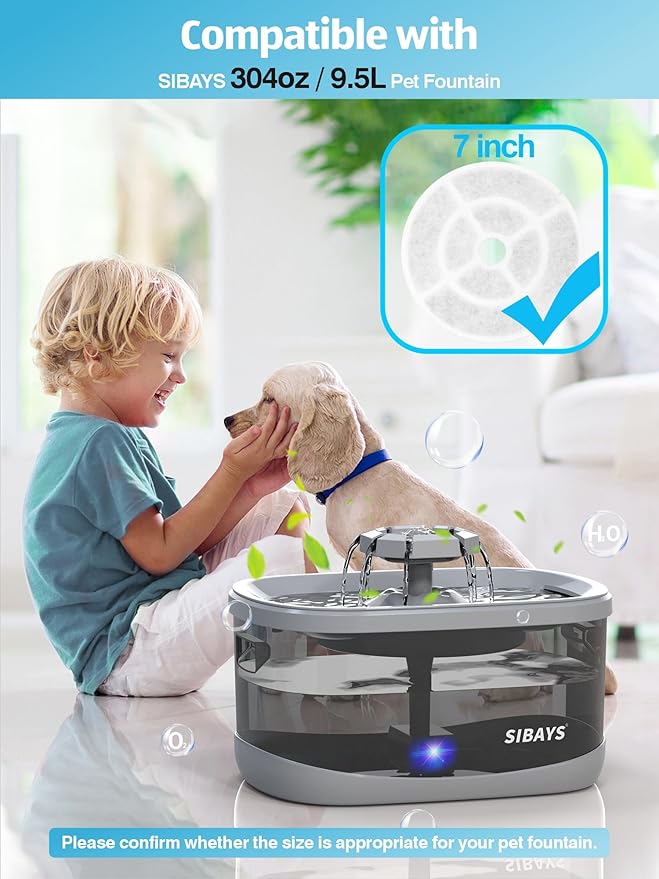 SIBAYS 6 Pack 7" Large Cat Water Fountain Filters Replacement for 2.5Gal/9.5L Dog Water Fountain(FS68) with 4 Layers Filtration System, Made of Coconut Shell Activated Carbon and PP Cotton(Model: L03)
