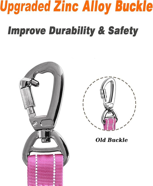 AUBELL Tactical Dog Leash Heavy Duty,4-6ft Reflective Strong No Pull Bungee Leash for Medium Large Dogs with Comfortable Padded Double Handle,Car Seat Belt,360 Degree Rotating Carabiner,Pink