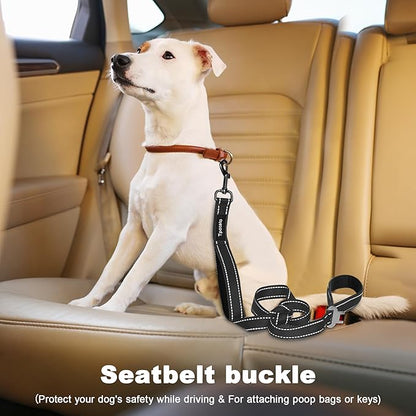 6 Foot Black Dog Leashes for Large Medium and Small Breed Dogs That Pull,Reflective Nylon Heavy Duty Dog Leash with 2 Comfortable Padded Traffic Handles and Car Seat Belt for Walking and Training