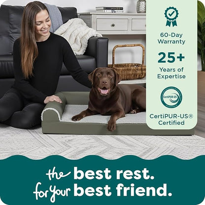 FurHaven Orthopedic Dog Bed for Large Dogs, L-Shaped Chaise Mattress with Orthopedic Egg Crate & Solid Orthopedic Foam Base for Joint Support, Washable Cover, Jumbo XL, Faux Fur & Suede, Dark Sage