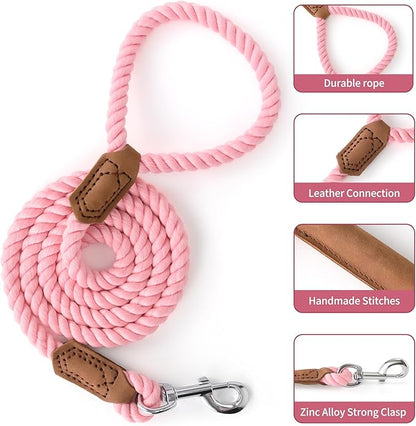 Mile High Life Dog Leash, Braided Cotton Rope Leashes with Leather Tailor Tip with Leather Tip - Heavy Duty Metal Clasp, 4FT, 1/2" Thick - Wedding, Walking Leash for Medium Large Dogs(Pink)
