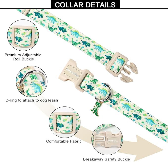 Lionet Paws Green and Blue Dinosaur Dog Collar- Cute Stegosaurus and Raptor Beige Dog Collars with Plastic Buckle, Light Adjustable Dog Collars for Medium Dogs