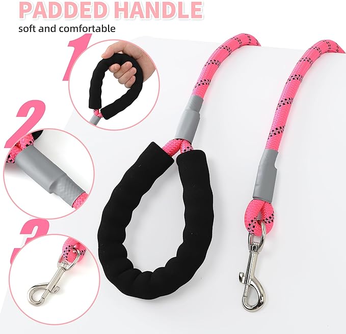 Mile High Life Reflective Dog Leash, with Comfortable Padded Handle, Pink Nylon Rope Leash with Steel Tips, Heavy Duty 4 Feet Pet Leashes (Pink,72 Inches)