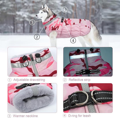 Lelepet Warm Dog Winter Coat Dog Coats for Medium Dogs Waterproof Dogs Jacket with Harness Built in Reflective Cold Weather Coats Windproof Zip-Up Winter Fleece Vest Snowsuit Dachshund Pink Camo