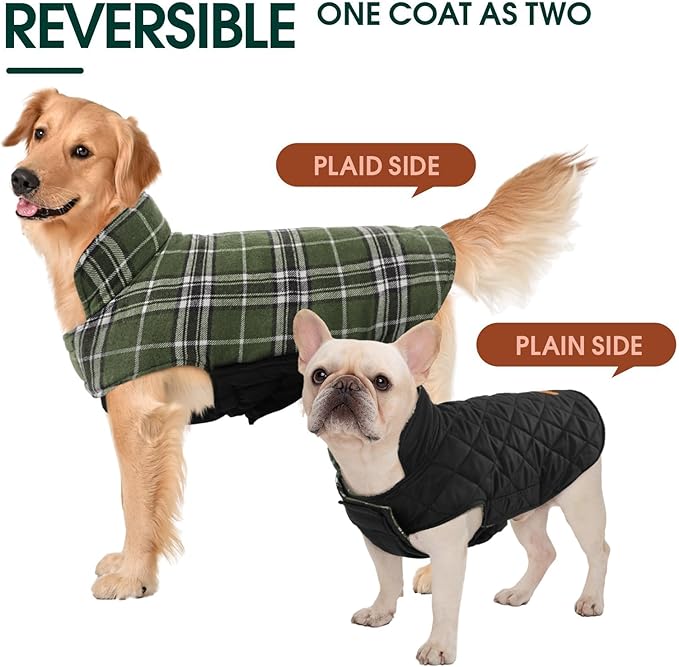 Kuoser Waterproof Dog Coat, Reversible Dog Jacket for Large Dogs, Adjustable Durable Doggie Winter Coat for Groowing Puppies Warm Puppy Cold Weather Apparel, Green L