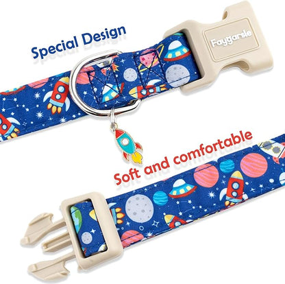 Faygarsle Space Theme Dog Collar, Navy Blue with Rockets and Planets Pattern for Summer Small Medium Large Dogs XS