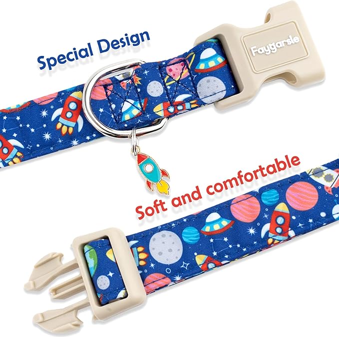 Faygarsle Space Theme Dog Collar, Navy Blue with Rockets and Planets Pattern for Summer Small Medium Large Dogs L