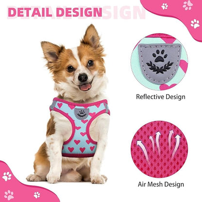 KOOLTAIL Valentines Dog Harness and Leash Set for Small Medium Dogs, Step in No Pull Soft Mesh Dog Harness Padded Pet Vest, Adjustable Reflective Easy Walking Puppy Harnesses Training, Pink Heart S
